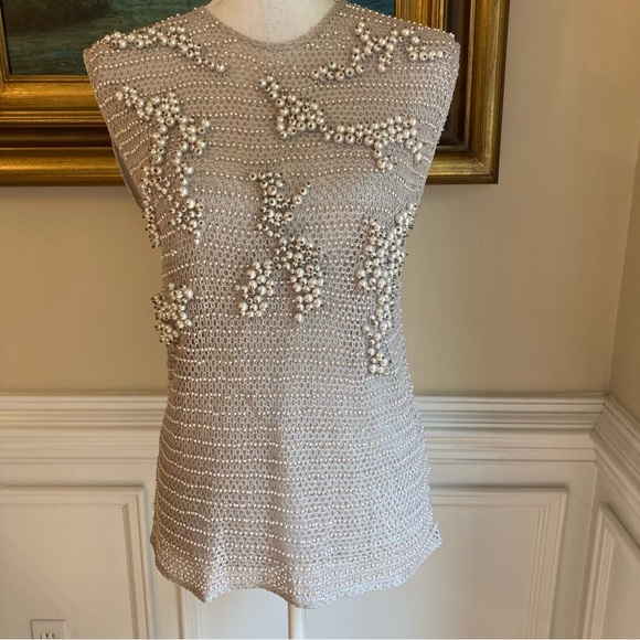 ZARA Limited Edition Gray Pearl Rhinestone Embellished Knit Top - Picture 2 of 13
